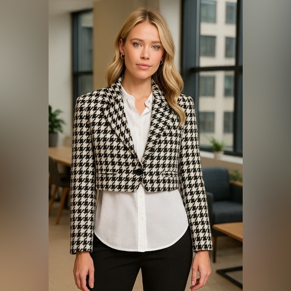 For Love & Lemons Women's Bl/Wh Bonnie Cropped Houndstooth Blazer Guc M #1917